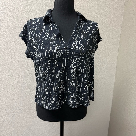 Nicole Miller Linen Top Black White Print V Neck Blouse Lightweight Size L - Picture 2 of 10
